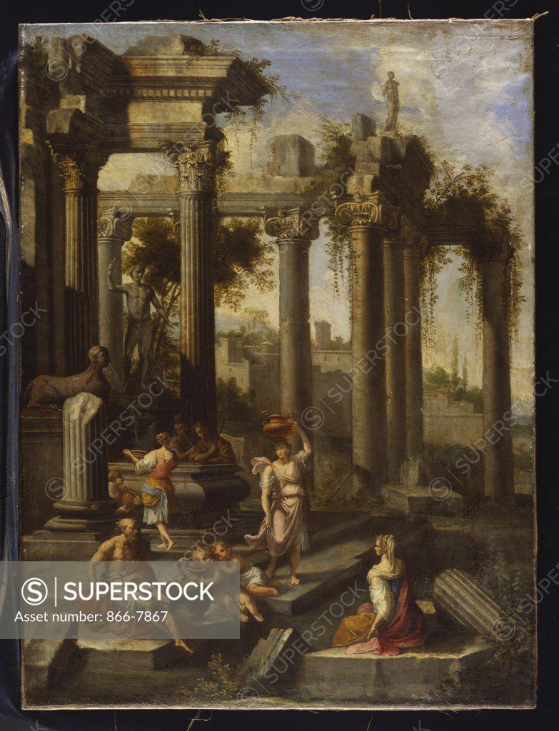 Stock Photo: 866-7867 Capricci of Classical Ruins with Water Carriers, Philosophers and Noblemen (left panel). Circle of Giovanni Ghisolfi (1623/32-1683). Oil on canvas, 99 x 74.3cm.