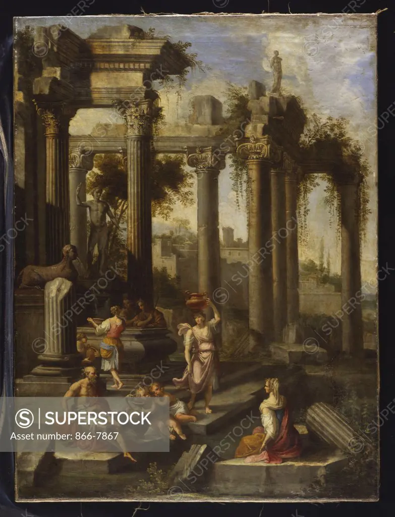 Capricci of Classical Ruins with Water Carriers, Philosophers and Noblemen (left panel). Circle of Giovanni Ghisolfi (1623/32-1683). Oil on canvas, 99 x 74.3cm.