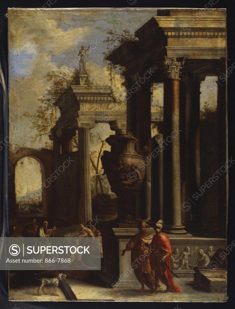Stock Photo: 866-7868 Capricci of Classical Ruins with Water carriers, Philosophers and Noblemen (right panel). Circle of Giovanni Ghisolfi (1623/32-1683). Oil on canvas, 99 x 74.3cm.