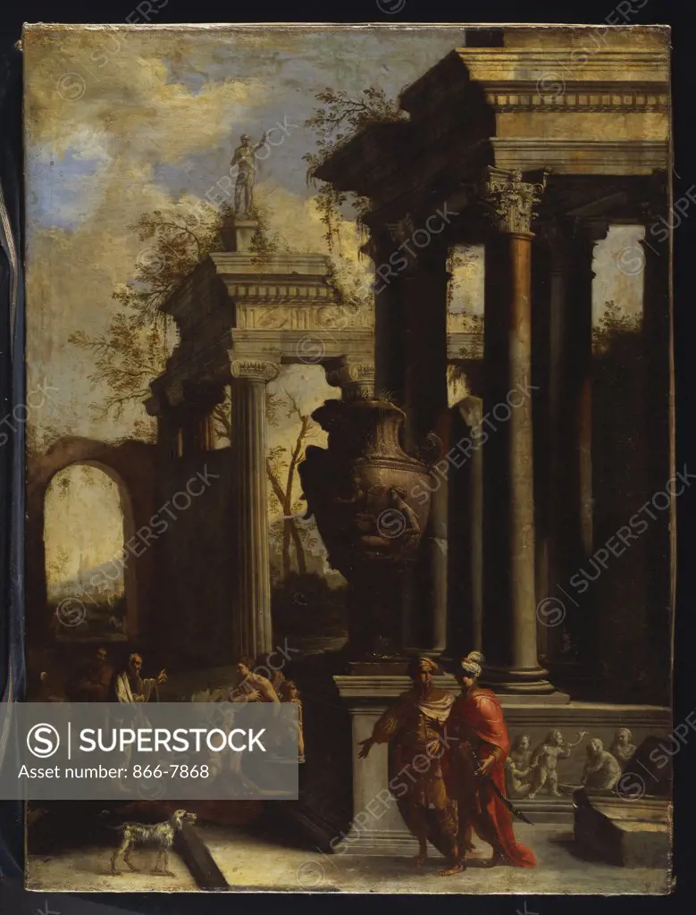 Capricci of Classical Ruins with Water carriers, Philosophers and Noblemen (right panel). Circle of Giovanni Ghisolfi (1623/32-1683). Oil on canvas, 99 x 74.3cm.