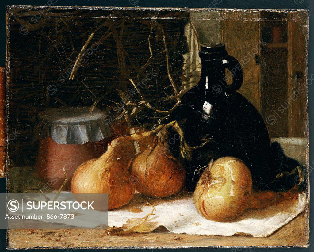 Stock Photo: 866-7873 Onions, a Jug and a Ceramic Pot on a Tablecloth.  Harry Brooker (1848-1940). Oil On Canvas, 1896.
