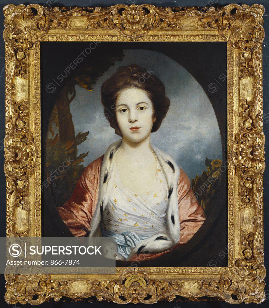 Stock Photo: 866-7874 Portrait of Esther, Lady Wray, wearing a White Dress, and a Gold and Pink Ermine-lined Cloak, a Landscape Beyond. Sir Joshua Reynolds (1723-1792). Oil on canvas, 73.5 x 62cm.