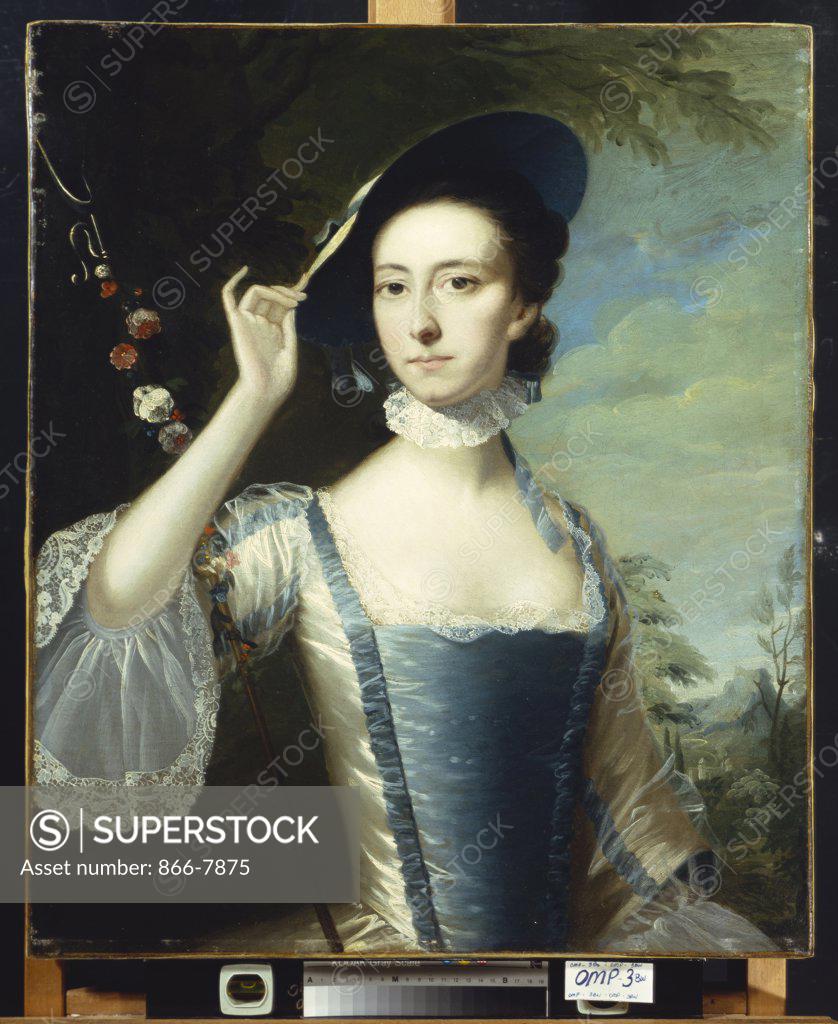 Stock Photo: 866-7875 Portrait of a Lady, in a Blue and White Dress, Trimmed with Ribbons, and a Straw Hat with Blue Ribbons, by a Garland of Flowers, in a Landscape.  Joseph Wright of Derby, A.R.A. (1734-1797). Oil on canvas, 76.2 x 63.5cm.