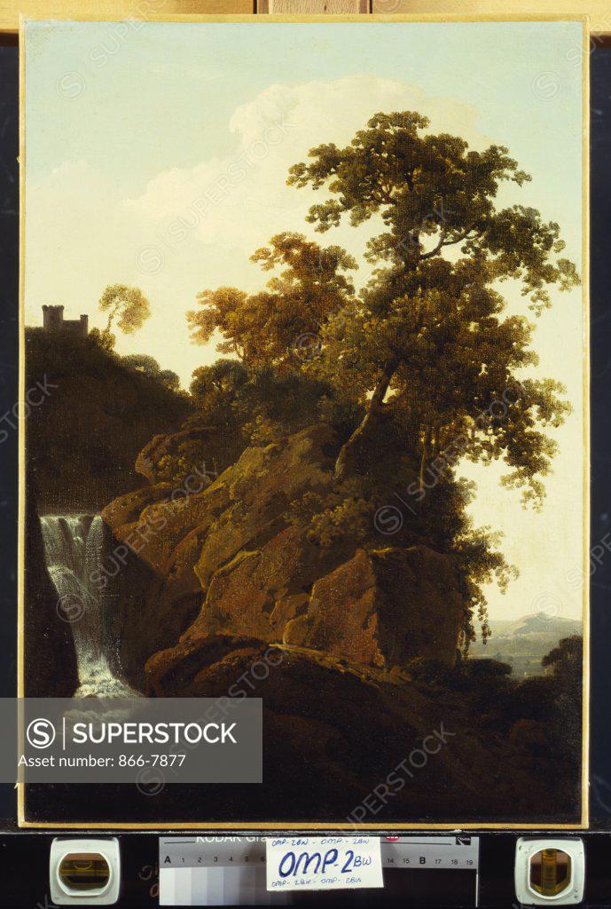 Stock Photo: 866-7877 Rocky Landscape with a Waterfall. Joseph Wright of Derby, A.R.A. (1734-1797). Oil on canvas, 48.9 x 34.3cm.