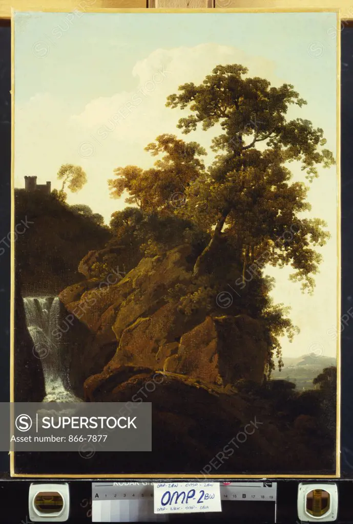 Rocky Landscape with a Waterfall. Joseph Wright of Derby, A.R.A. (1734-1797). Oil on canvas, 48.9 x 34.3cm.