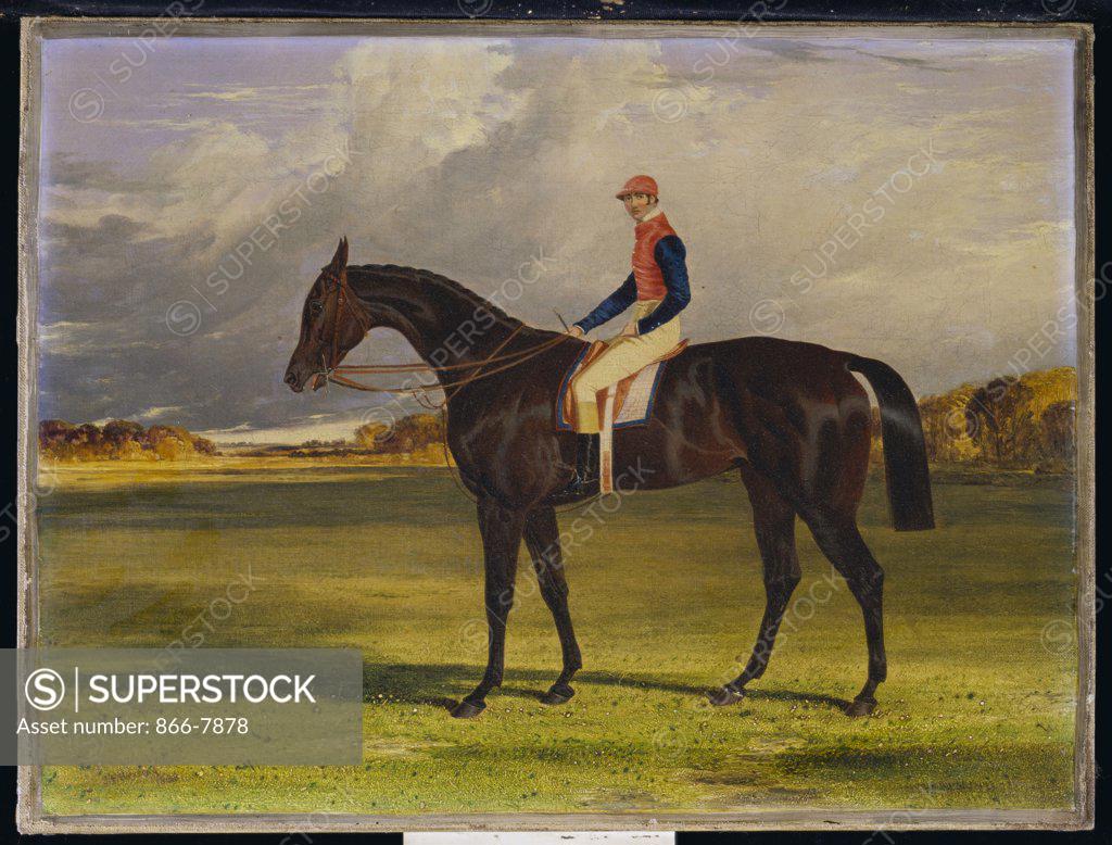 Stock Photo: 866-7878 The Earl of Chesterfield's Filly 'Industry', with W. Scott up, in a Landscape.   John Frederick Herring, Snr. (1795-1865). Dated 1838, oil on canvas, 33.7 x 44.5cm.
