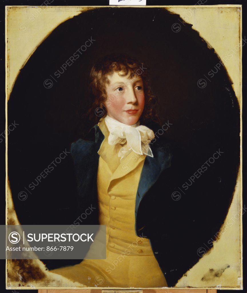 Stock Photo: 866-7879 Portrait of John Rice, in a Blue Coat and Yellow Waistcoat. G.P. Barbier (fl.1792-95). Oil on oval canvas, 76 x 63.5cm.