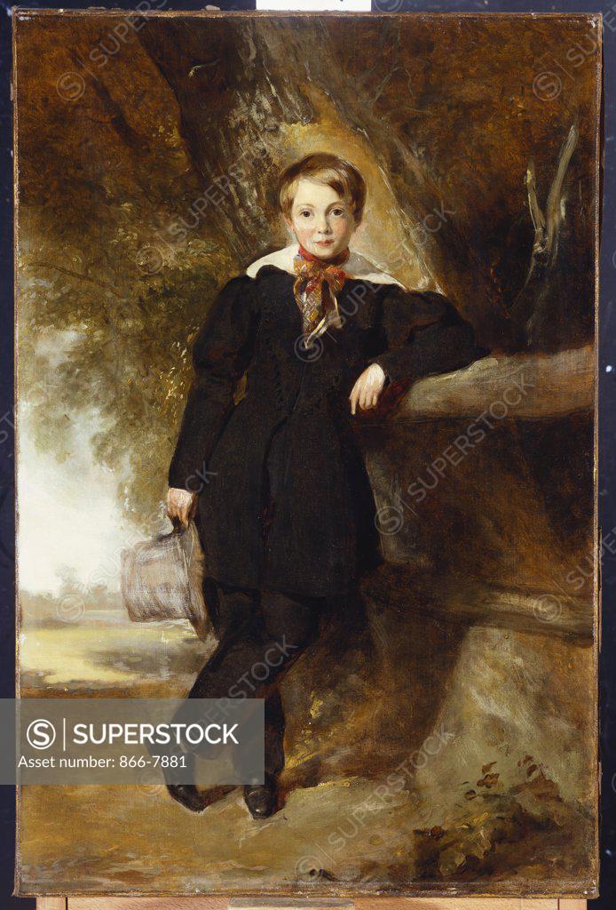 Stock Photo: 866-7881 Portrait of a Boy, possibly a member of the Stirling Family, full length, in a Dark Jacket and Trousers,  a White Shirt and Check Stock, Holding a Top Hat in his Hand, in a Landscape. William Owen (1769-1821). Oil on canvas, 76.5 x 50.5cm.