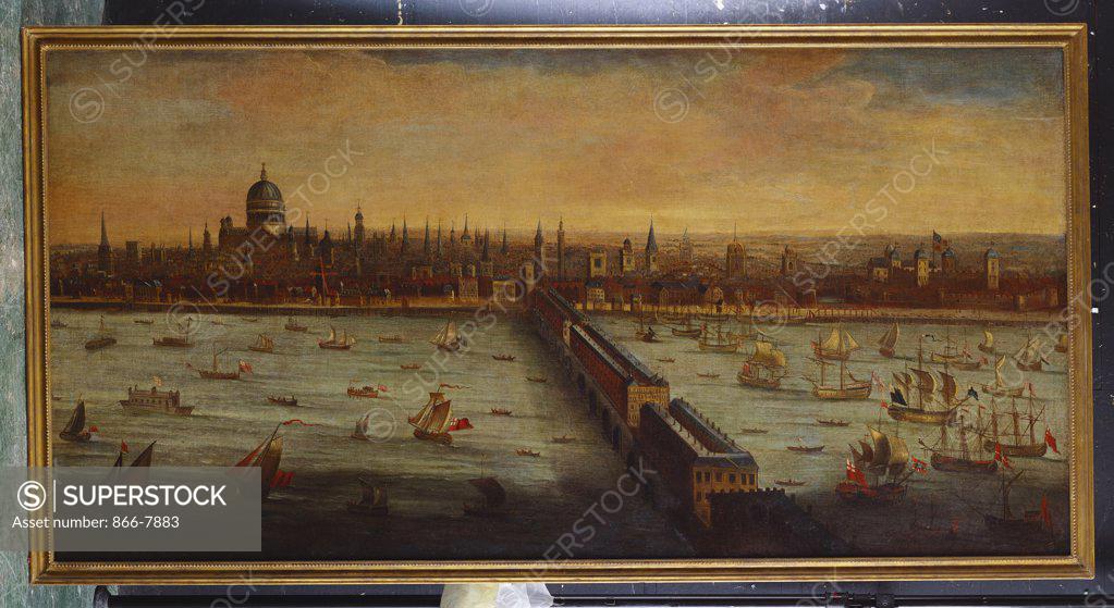 Stock Photo: 866-7883 A Panoramic View of the River Thames and the City of London taken from the South Bank at Southwark  with Old London Bridge and the Pool of London.  English school. Oil on canvas.