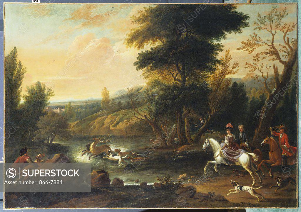 Stock Photo: 866-7884 Hounds Bringing Down a Stag in a River. Jan Wyck (c. 1640-1702). Oil on canvas, 89.5 x 128cm.
