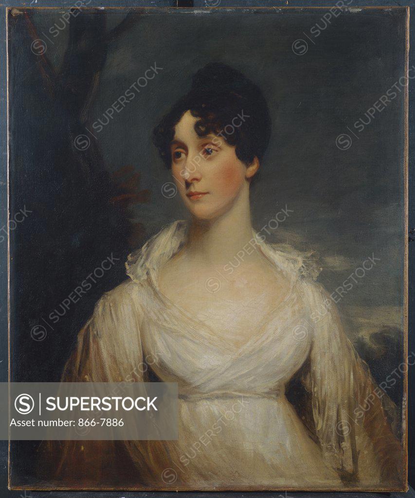 Stock Photo: 866-7886 Portrait of a Lady seated, half length, Wearing a White Dress. Sir William Beechey (1753-1839). Oil on canvas, 76.7 x 63.6cm.