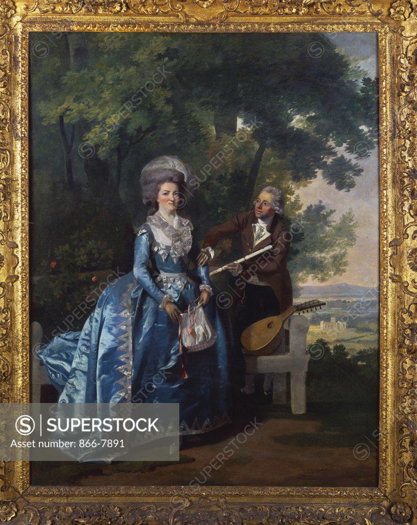 Stock Photo: 866-7891 A Group Portrait of a Lady and a Gentleman, in a Landscape, the Lady in a Blue Satin Dress, the Gentleman in Brown, holding a Flute. Benjamin Wilson (1721-1788). Oil on canvas, 111.8 x 83.9cm.