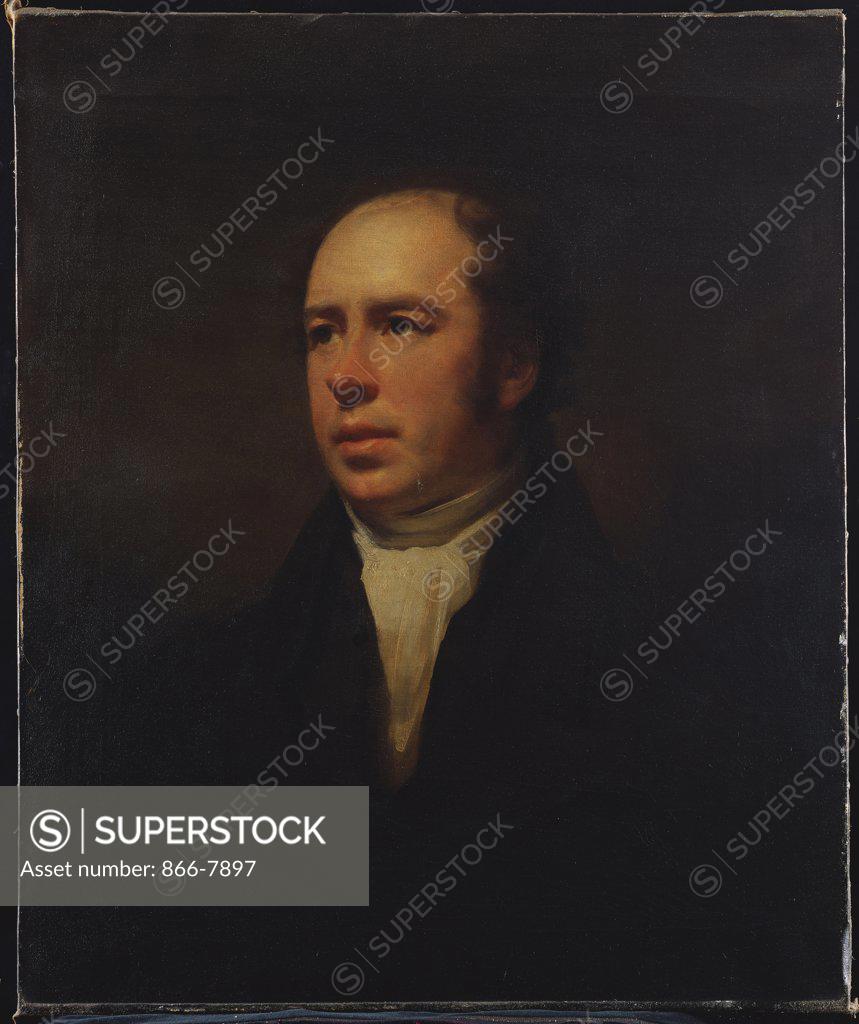 Stock Photo: 866-7897 Portrait of the Rev. John Thomson, Minister of Duddingston, Half Length in a Black Coat and White Stock. Sir Henry Raeburn, R.A. (1756-1823). Dated 1876, oil on canvas, 75.5 x 63.5cm.