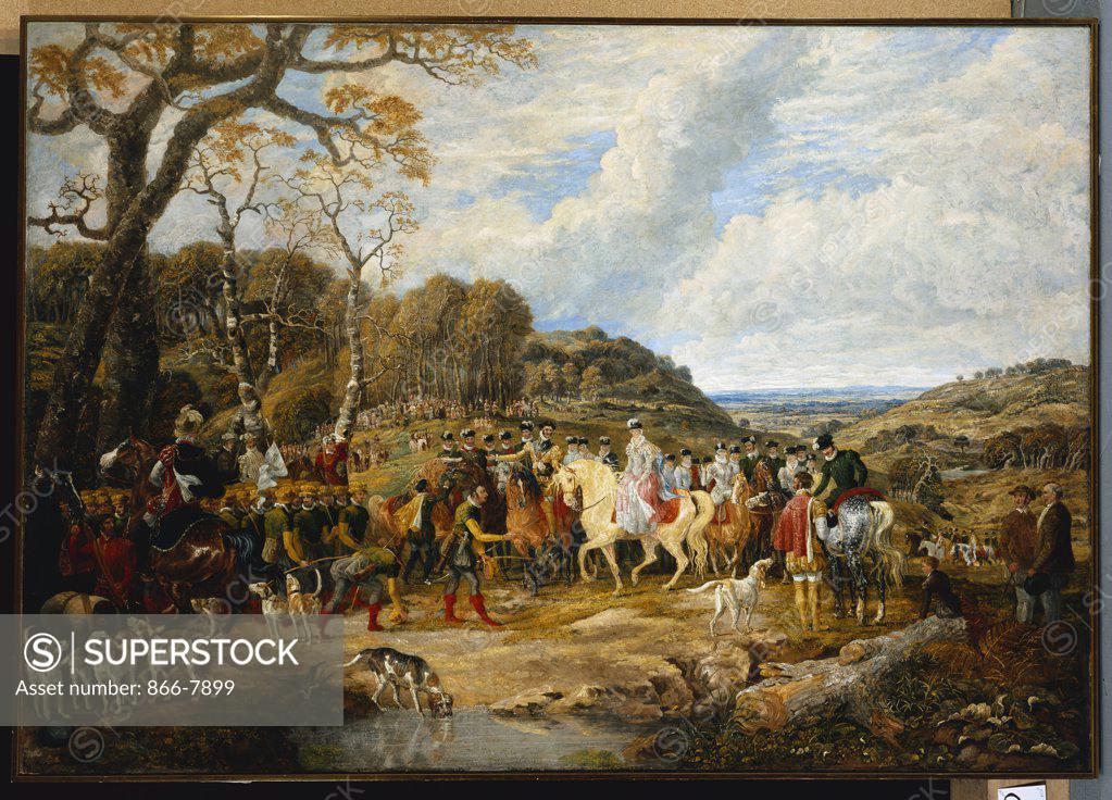 Stock Photo: 866-7899 Queen Elizabeth and her Entourage Riding to the Hunt.  Dean Wolstenholme, Jun. (1789-1882). Oil on canvas, 147.4 x 212.9cm.