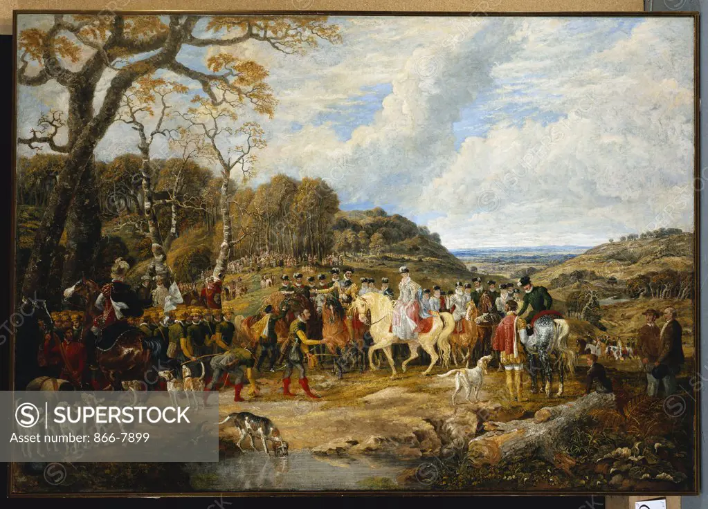 Queen Elizabeth and her Entourage Riding to the Hunt.  Dean Wolstenholme, Jun. (1789-1882). Oil on canvas, 147.4 x 212.9cm.