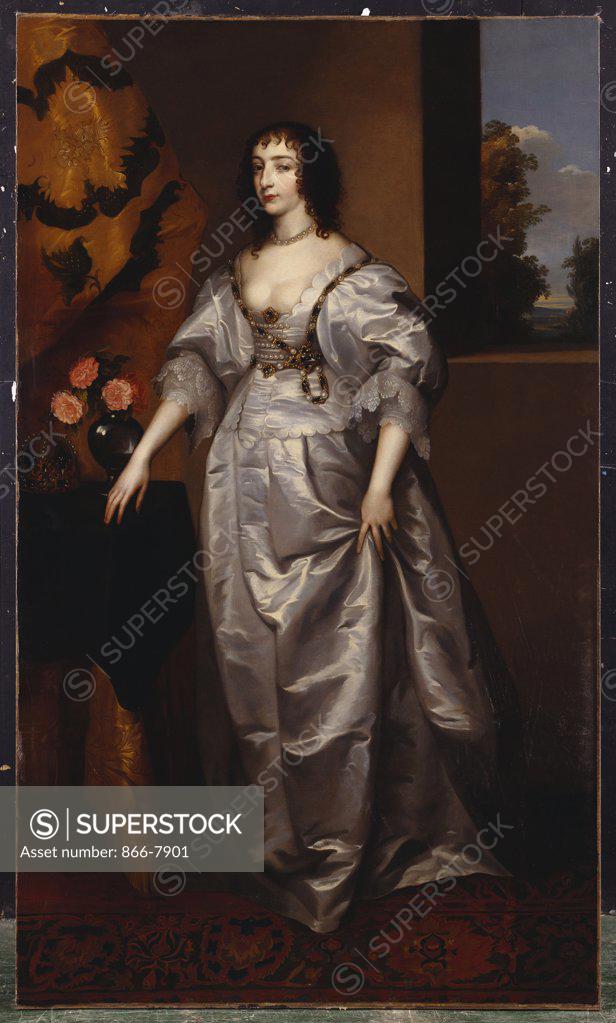 Stock Photo: 866-7901 Portrait of Queen Henrietta-Maria, Full Length Wearing a Grey Satin Dress, by a Table, with a Crown and a Vase of Roses in an Interior, a Landscape through a Window Beyond.  Follower of Sir Anthony van Dyck. Oil on canvas, 205 x 121.3cm.