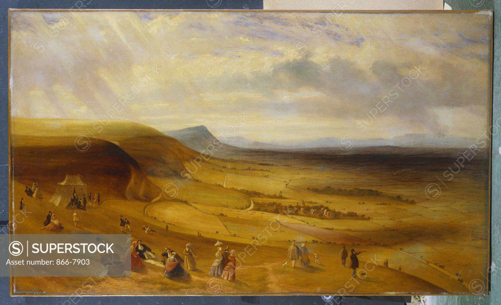 Stock Photo: 866-7903 An Extensive View of Devil's Dyke, Newmarket with Gentry Picnicking.  English School, circa 1840. Oil on canvas, 91.7 x 152.8cm.