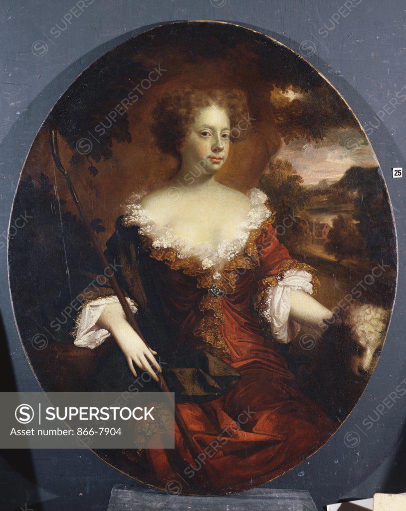 Stock Photo: 866-7904 Portrait of Ursula Bunbury,  later Mrs. Morgan, seated three-quarter length, as Saint-Agnes, in a Landscape. Attr. to Garret Morphy (fl.1655-1715/16). Oval, oil on canvas, 123.2 x 102.3cm.