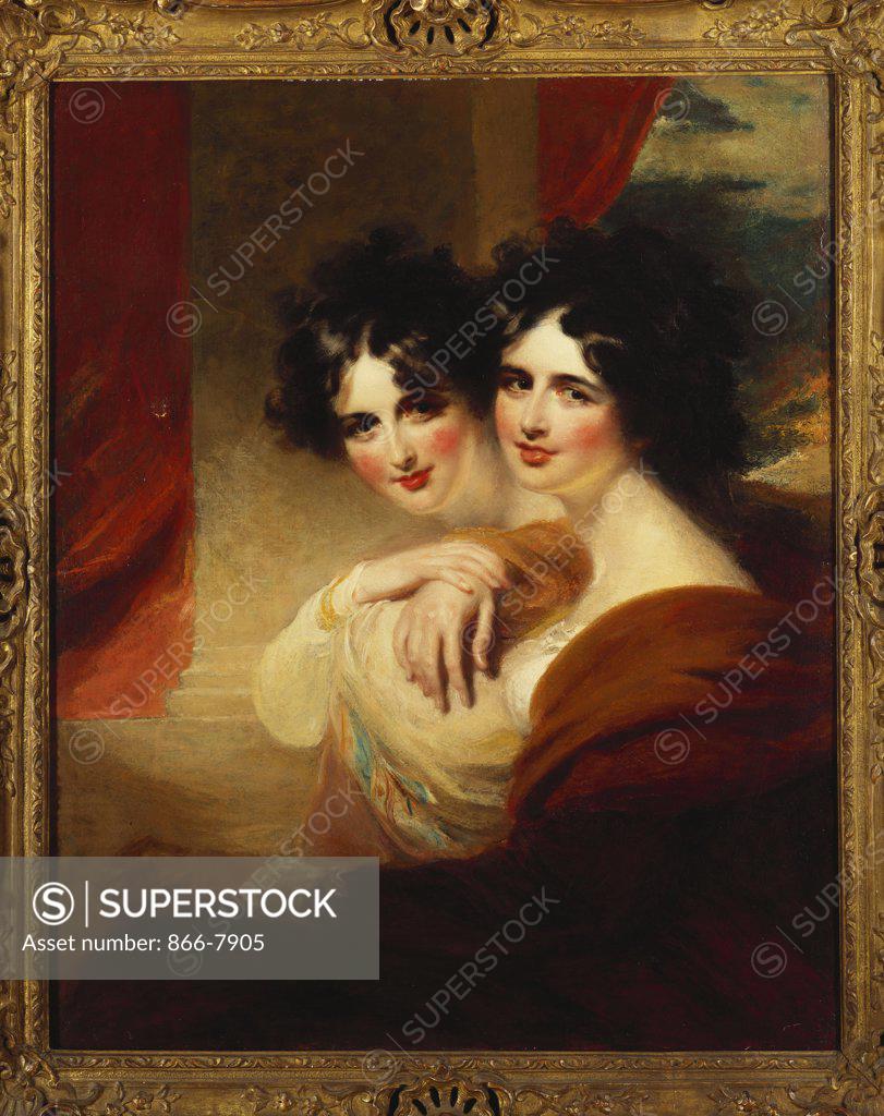 Stock Photo: 866-7905 Congratulations: Portraits of Two Ladies, half length, before a Colonnade. George Henry Harlow (1787-1819). Oil on canvas, 102.8 x 83.2cm.