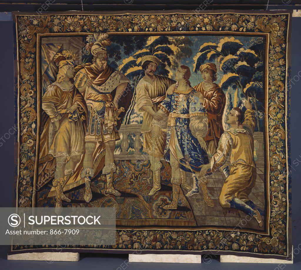 Stock Photo: 866-7909 An Aubusson tapestry, woven in wools and silks, with a Prince held by two men, pleading before a General in Roman armour and a Courtier. 17th century, 316cm x 364cm.