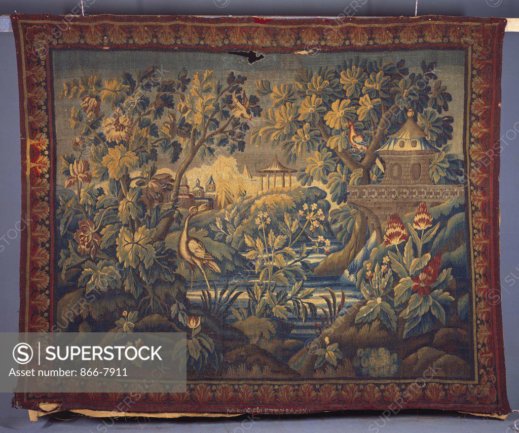 Stock Photo: 866-7911 A Feletin verdure tapestry, woven in wools and silks, of a crane in a pond within a park landscape of flowers and trees. Early 18th century, 287 x 358cm.