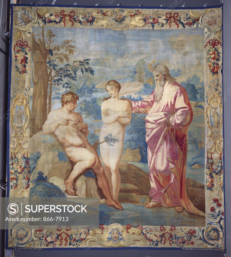 Stock Photo: 866-7913 A Roman San Michele a ripa tapestry of the Creation of Eve by Pietro Ferloni after Raphael, woven in wools and silks, depicting Eve flanked by Adam and God within a wooded hilly landscape. Inscribed A.D. MDCCXXXIV, 404cm x 356cm.