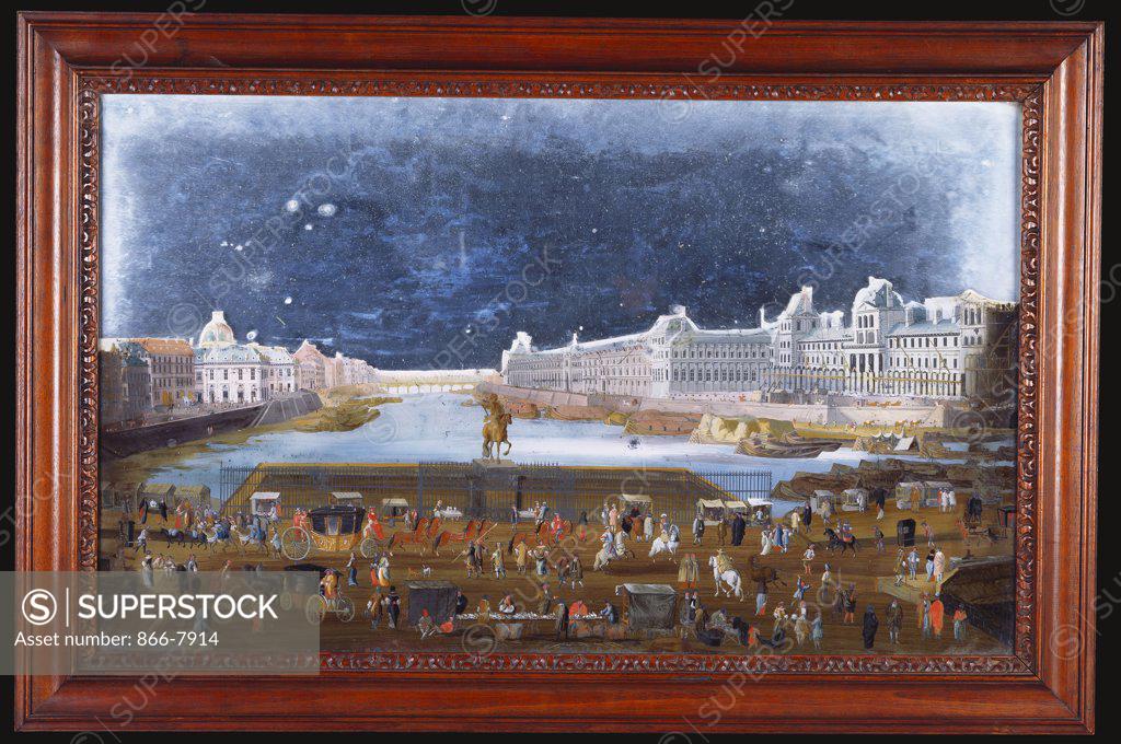 Stock Photo: 866-7914 A French reversed painted mirror, depicting the construction of the Palais du Louvre. 18th century, 51cm x 75cm.