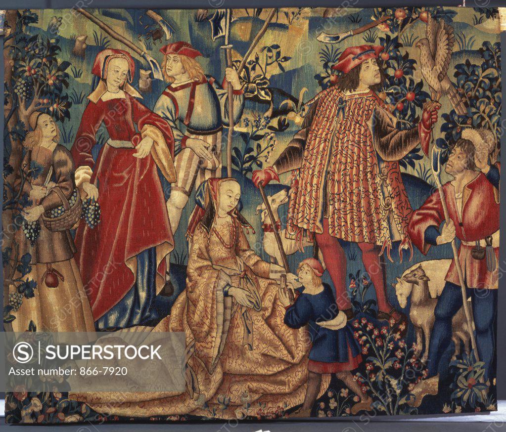 Stock Photo: 866-7920 A Tournai Falconry Tapestry, depicting a Seated Noblewoman being Presented with a Dove by a Page, with her, a Falconer with a Hawk on a Glove. Circa 1490, woven in silks and wools, 204 x 252cm.