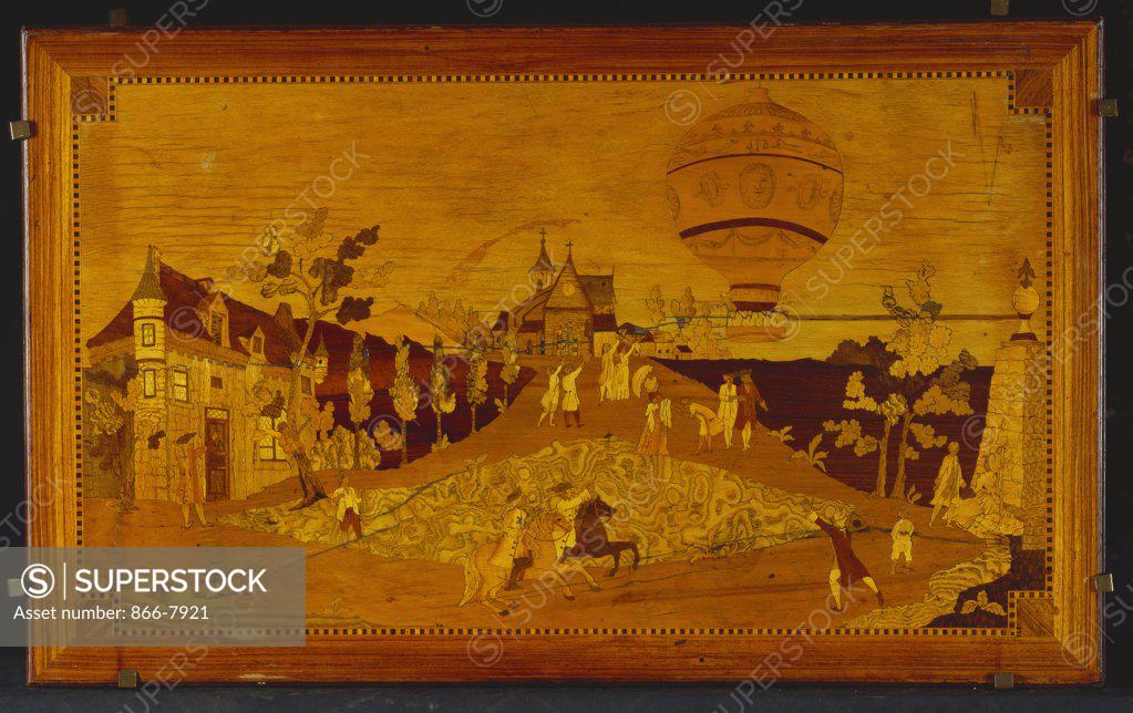 Stock Photo: 866-7921 A Louis XVI tulipwood and marquetry table a ecrire, the top depicting the first free flight of the Montgolfier's balloon from the Chateau de la Muette, 73.5cm wide, 78cm high, 45.5cm deep.