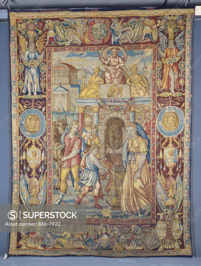 Stock Photo: 866-7922 A Bruges tapestry, woven in wools and silks, depicting a Robed Figure, presenting an Offering of Thanksgiving to a High Priestess. Mid 16th century, 340 x 260cm.