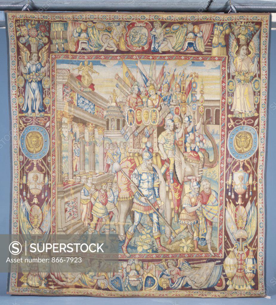 Stock Photo: 866-7923 A Bruges tapestry, woven in wools and silks, depicting a Triumphal procession. Mid 16th century, 345 x 316cm.