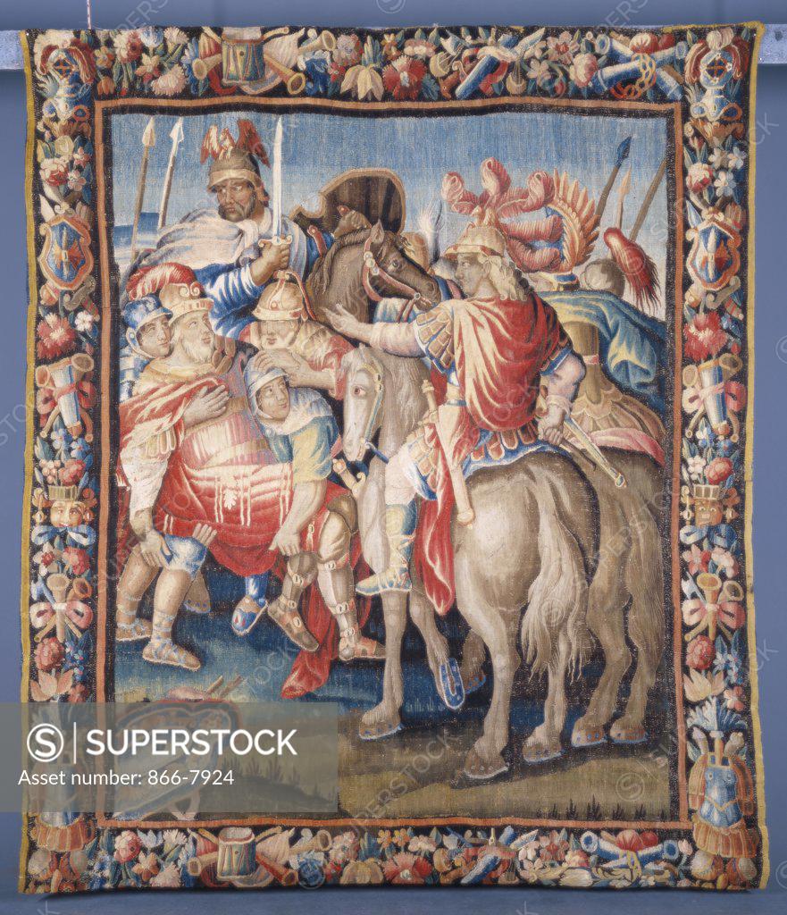 Stock Photo: 866-7924 A Louis XIV Aubusson tapestry, woven in wools and silks, depicting a scene from the story of Alexander the great. 269 x 231cm.