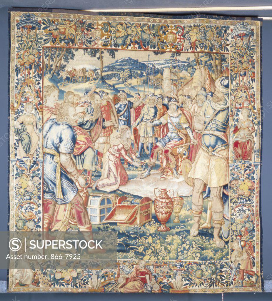 Stock Photo: 866-7925 A Bruges tapestry, woven in wools and silks, depicting Alexander the Great shown seated in Armour on his Throne, being Presented with Keys by the Daughter of Darius. Franz Greubels (fl. 1540-1590). Late 16th century, 283 x 264cm.