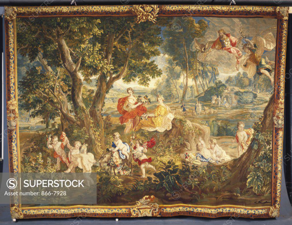 Stock Photo: 866-7928 A Gobelins tapestry, woven in wools and silks, depicting Des Enfants Jardiniere frolicking with a Goat and Flowers. Early 18th century, 333 x 452cm.