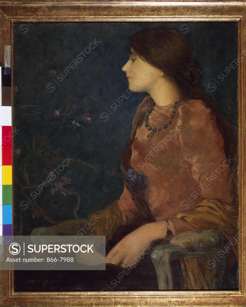 Stock Photo: 866-7988 Pensive Lady, Seated; Dame Pensive, Assise. Edmond Francois Aman-Jean (1858-1936). Oil on canvas, 55 x 44.5cm.