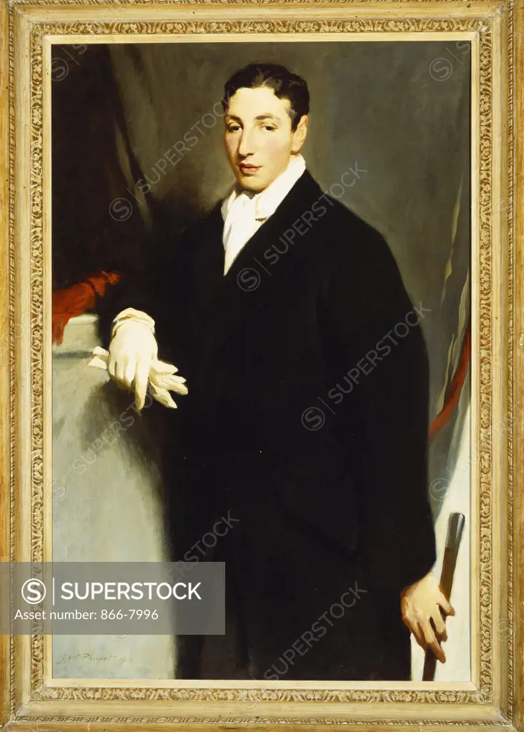 Portrait of Denis Cohen, Wearing a Black Coat and a White Glove and Holding a Cane. Glyn Warren Philpot, R.A. (1884-1937). Oil on canvas, 1910.  122.5 x 84cm.