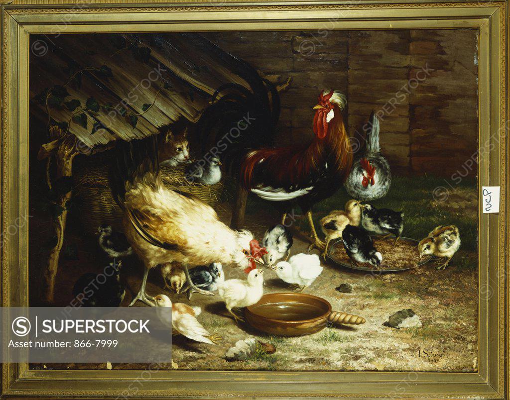 Stock Photo: 866-7999 Feeding Time. Ignace Spiridon (fl. 1889-1900). Oil on canvas,  30 x 39 1/4in.