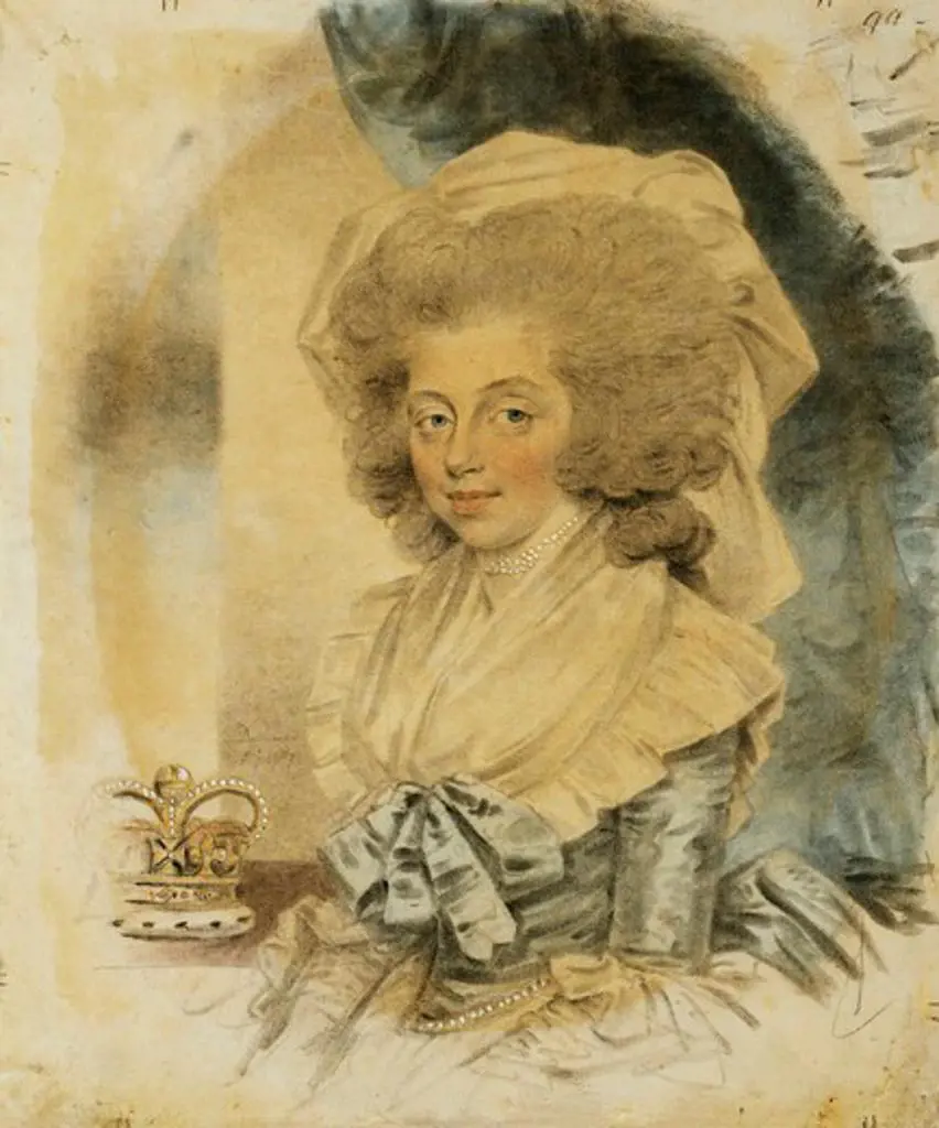 Portrait of Queen Charlotte, Small Half Length Wearing a Blue and White Dress, Her Crown Beside Her. John Downman (1750-1824). Pencil, watercolour and stump with touches of white heightening. Signed and dated 1787. 21.6 x 17.5cm.