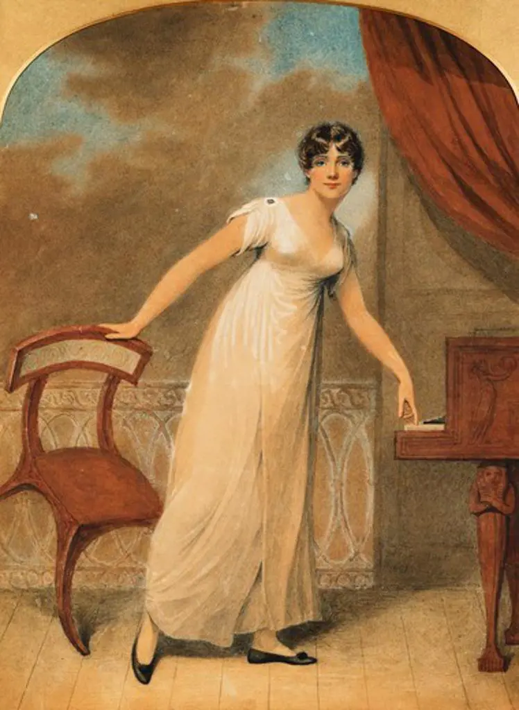 Portrait of a Lady, standing full length in a White Dress by a Piano. Adam Buck (1759-1833). Pencil and watercolour heightened with white. Dated 1801. 35.6 x 26.4cm.