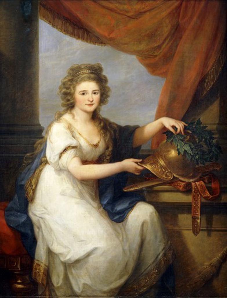 Portrait of Countess Catherine Skavronska, Seated Three-Quarter Length, in Neo-Classical Dress, by a Draped Curtain, Adorning a Helmet, Inscribed 'Potemkin Taurico', with a Wreath. Angelica Kauffmann (1741-1807). Oil on canvas. Dated 1789. 160 x 120cm.