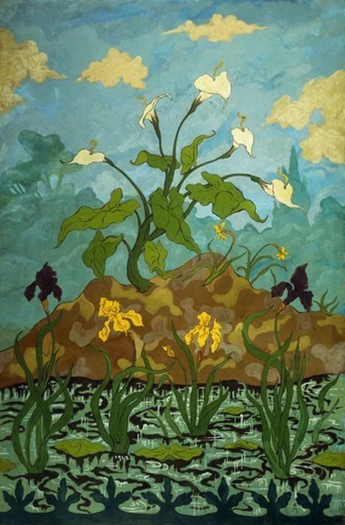 Lilies, Purple and Yellow Irises; Aromes, Iris Violets et Jaunes. Paul Ranson (1863-1909). 2 of 4 decorative panels commissioned byCharles Dejean for his dining room in Sete. Oil on canvas, 1899. 245.7 x 163.9cm
