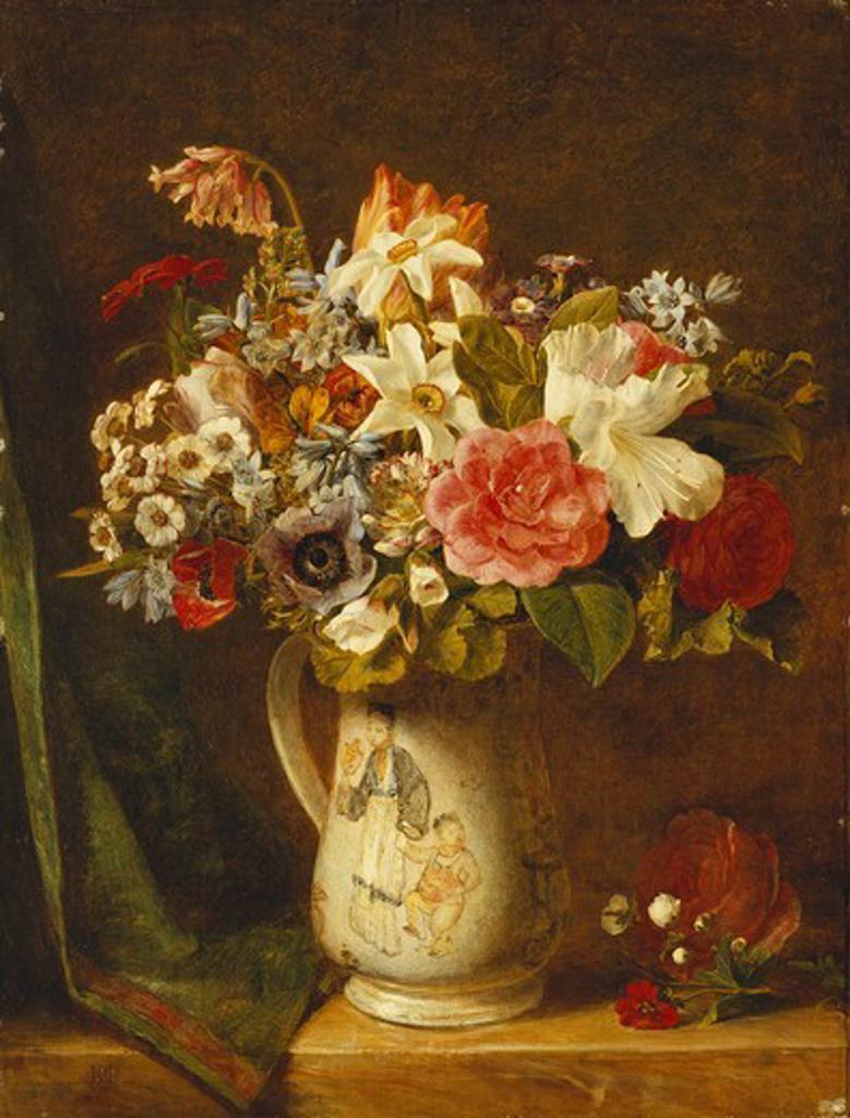 Roses, Narcissi and Other Flowers in a Vase. Alfred Morgan (fl. 1862-1902). Oil on canvas. 46 x 35.5cm.