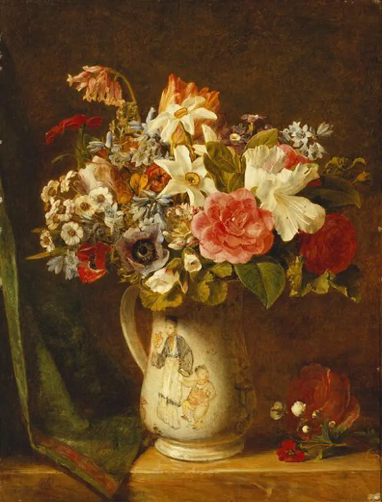 Roses, Narcissi and Other Flowers in a Vase. Alfred Morgan (fl. 1862-1902). Oil on canvas. 46 x 35.5cm.