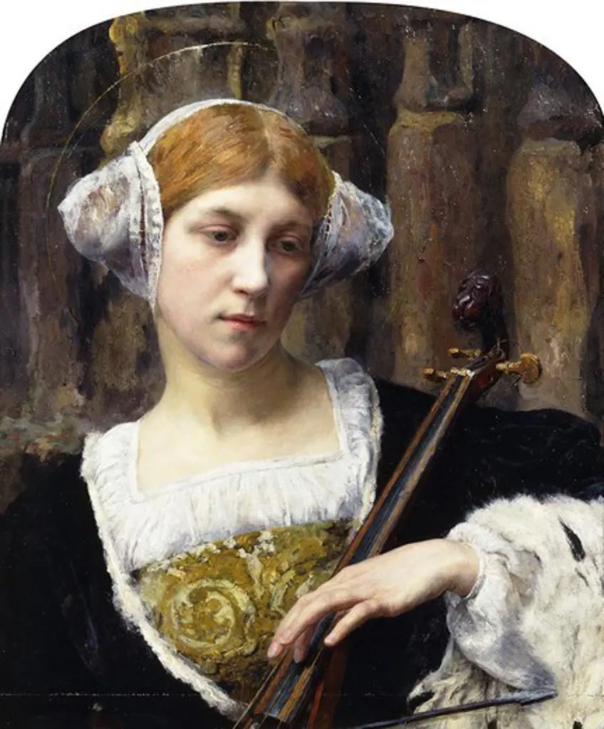 The Celloist; La Femme au Violoncelle. Edgard Maxence (1871-1954). Oil on panel. 67 x 55cm