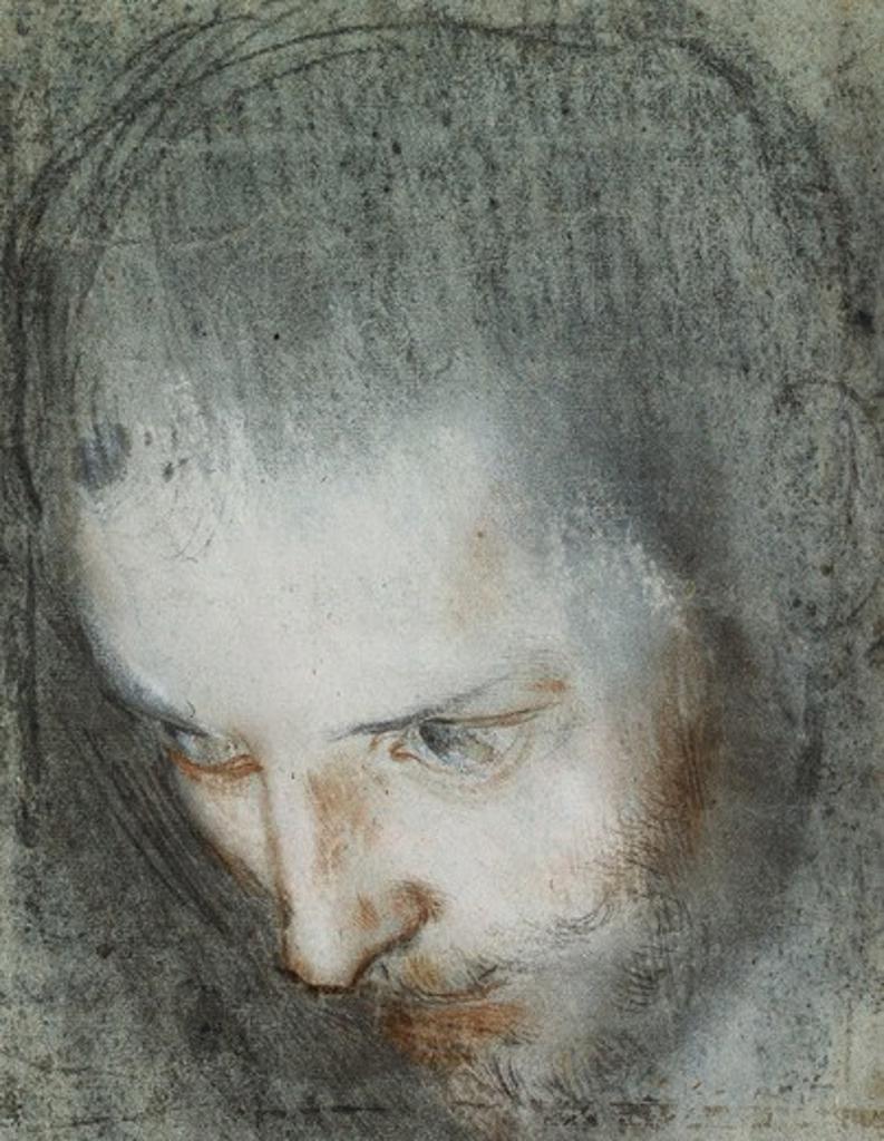 Head of Saint Francis Looking Upwards to the Left. Federico Barocci (1528-1612). Black, red and white chalk on grey paper. 21.3 x 27.5cm. This is a study for the head of Saint Francis in Il Perdono di San Francesco in the church of San Francesco, Urbino.