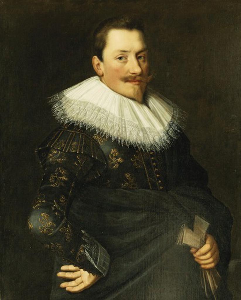 Portrait of a Gentleman, Standing Half Length, Wearing a Blue Costume with Gold Embroidery and a White Lace Collar. Attributed to Paulus Moreelse (1571-1638). Oil on canvas. 91.1 x 79.1cm.