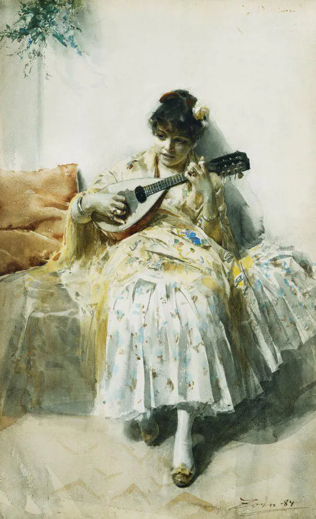 A Spanish Girl Playing a Mandolin. Anders Leonard Zorn (1860-1920). Watercolour. Painted in Spain between March and July 1884. 52 x 33cm