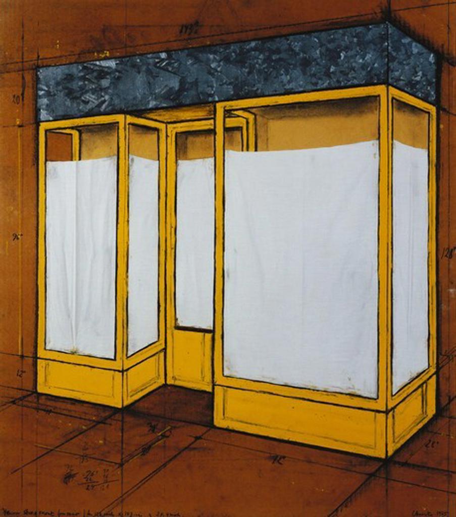 Yellow Store Front (Project). Javacheff Christo (b. 1935). Collage with enamel, black chalk, metal, staples, fabric and paper on corrugated cardboard. Dated 1965. 86.4 x 76.2cm.