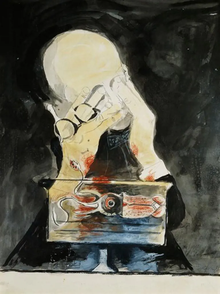 Self Portrait, Squid. Graham Sutherland (1903-1980). Pencil, ball point pen, brush, black ink, grey wash, coloured crayon, watercolour and bodycolour. Dated 1978. 59.5 x 44.5cm.