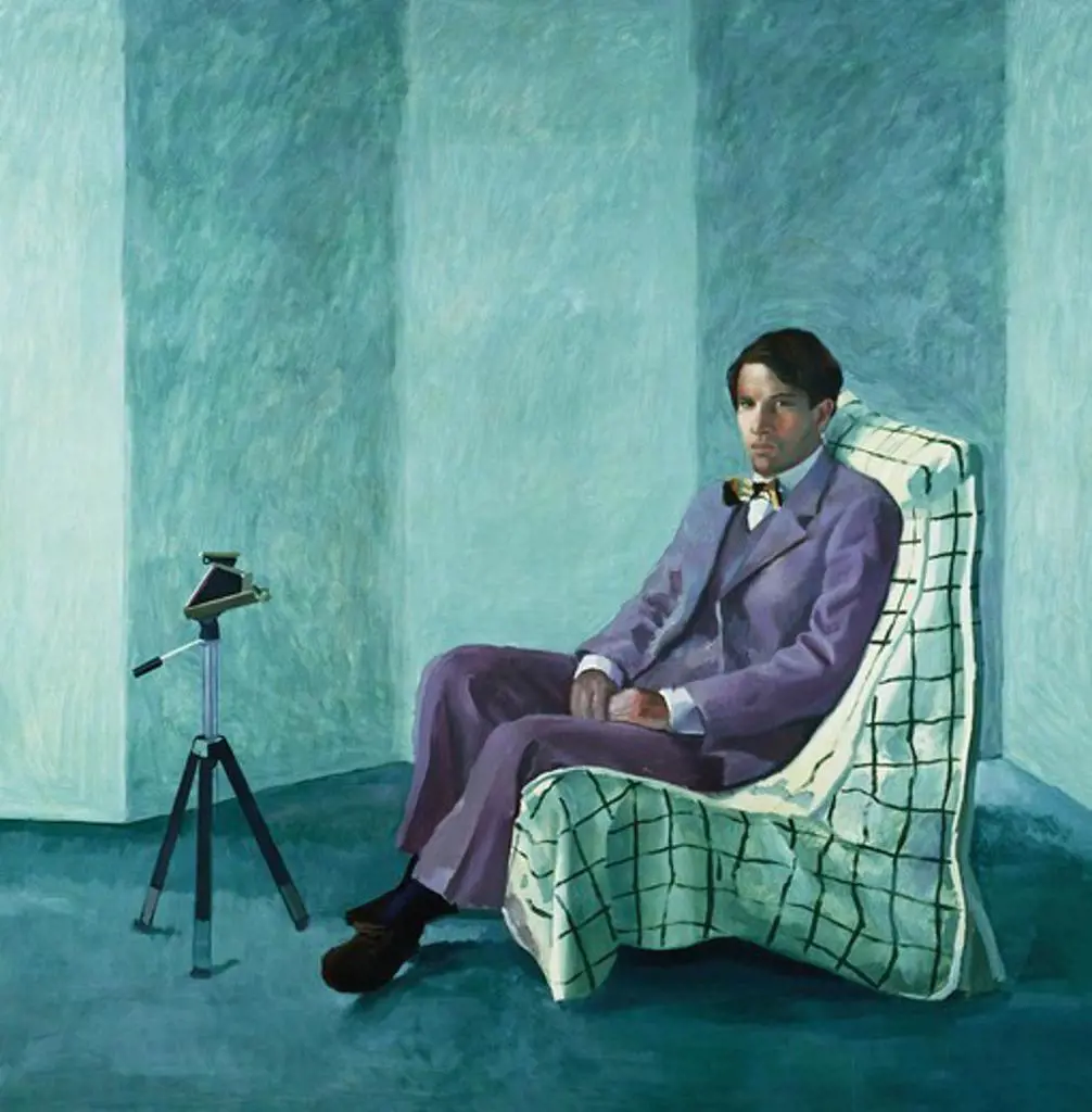 Peter Schlesinger with Polaroid Camera. David Hockney (b. 1937). Oil on canvas. Painted in 1977. 152 x 152cm.
